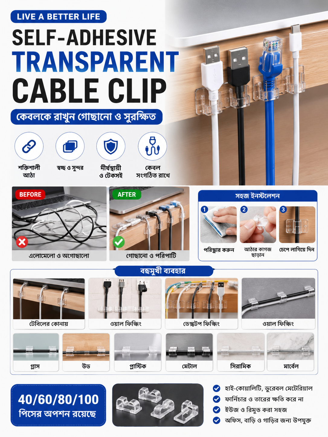 Self-Adhesive Transparent Cable Clip